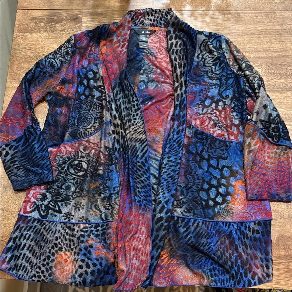 Ali Miles Cardigan. Large. Multi color. Open front. Semi sheer
